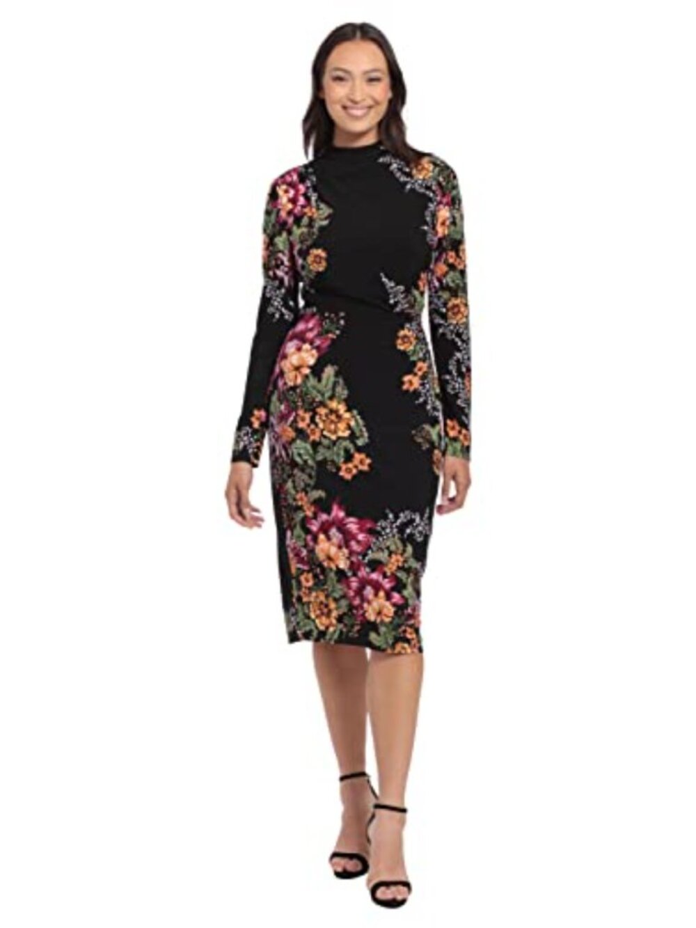 Mock Neck Midi Dress with Ruching Long Sleeve Floral Sheath Plus Size
